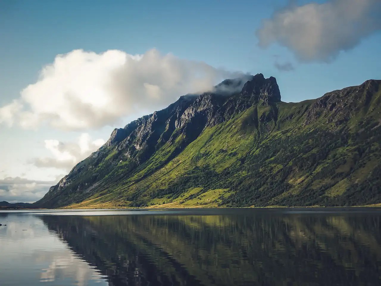 Hav i en fjord med fjell i bakgrunnen